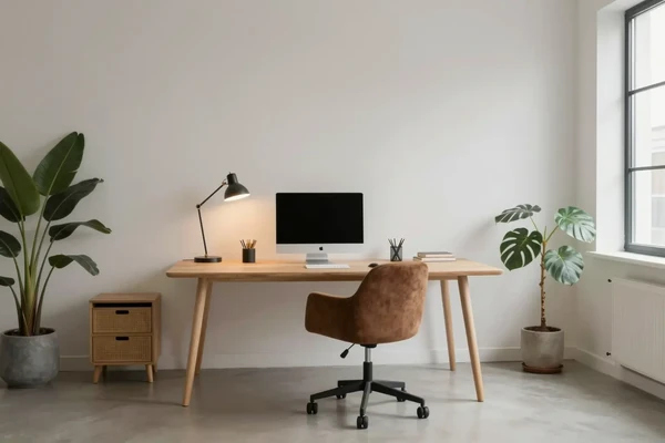 AI-generated minimalist studio workspace with wooden desk and plants